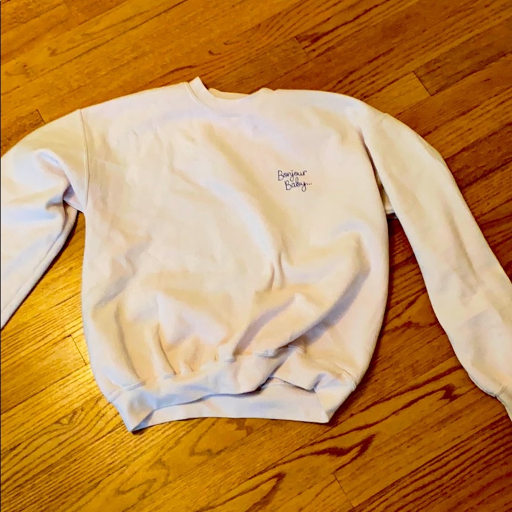 topshop- light pink crew neck w/ “bonjour baby..”